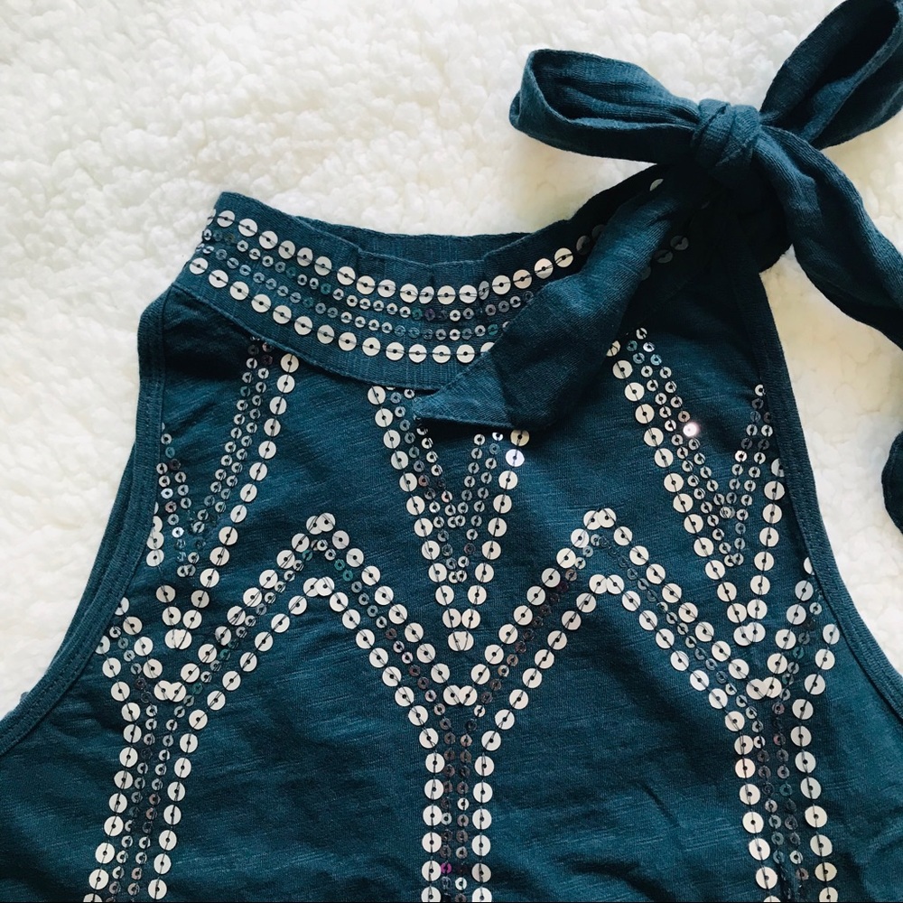 SOLD ♥️ Free People Glitter Sequin City High Neck Bow Tie Tank Blouse Turquoise - Picture 8 of 8